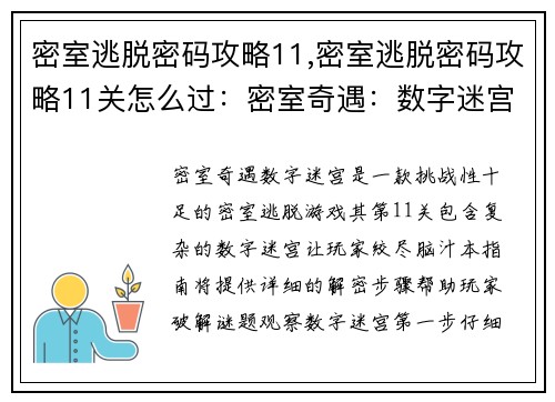 密室逃脱密码攻略11,密室逃脱密码攻略11关怎么过：密室奇遇：数字迷宫的解密指南