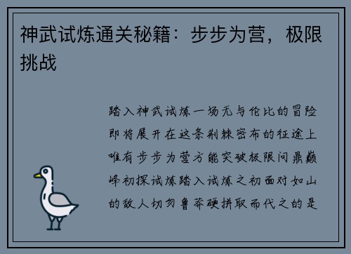 神武试炼通关秘籍：步步为营，极限挑战
