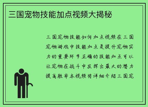 三国宠物技能加点视频大揭秘