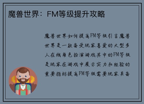 魔兽世界：FM等级提升攻略