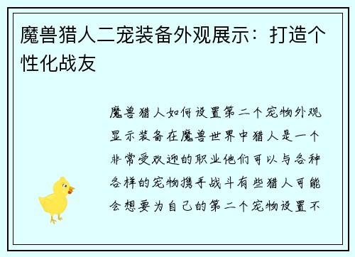 魔兽猎人二宠装备外观展示：打造个性化战友