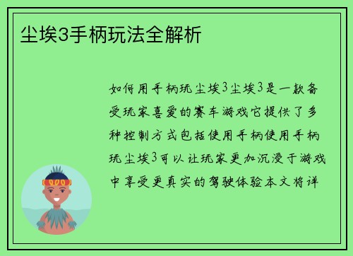 尘埃3手柄玩法全解析
