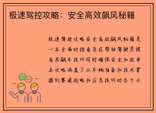 极速驾控攻略：安全高效飙风秘籍